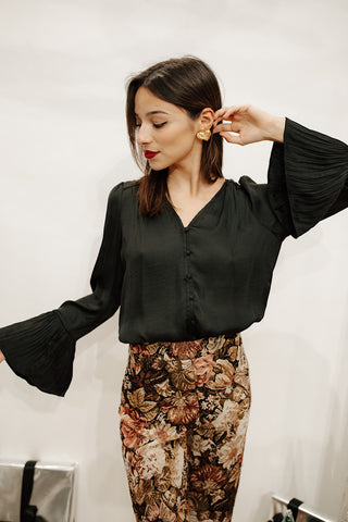 Pleated Flared Cuff Blouse